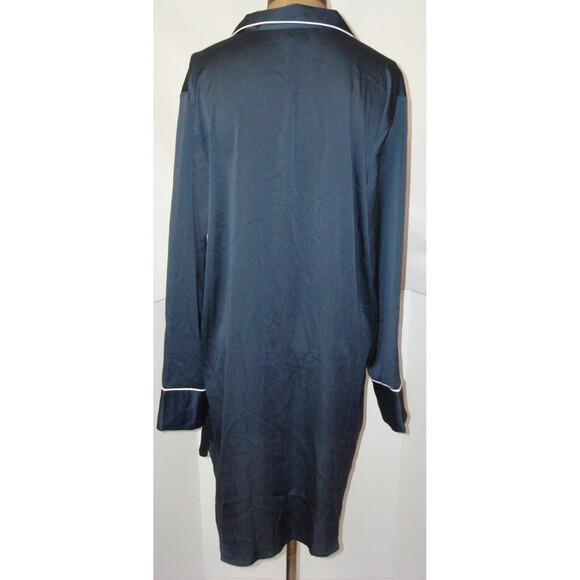 NWT New Designer Natori Womens M SleepShirt Cotton Dark Blue White Satin Silky - Picture 4 of 4
